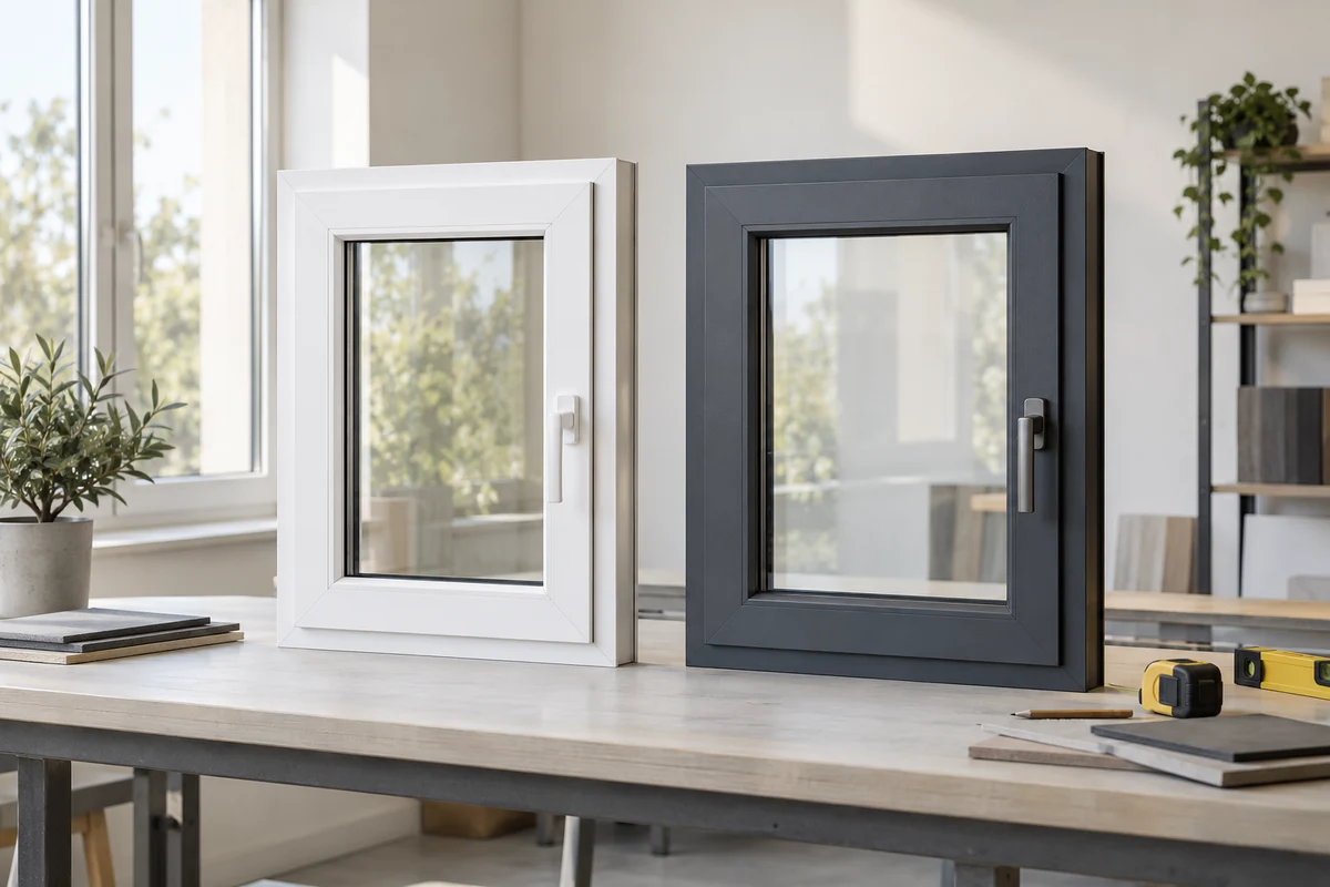 Una ventana blanca y otra de acabado oscuro: el proceso de montaje es común para PVC y aluminio.