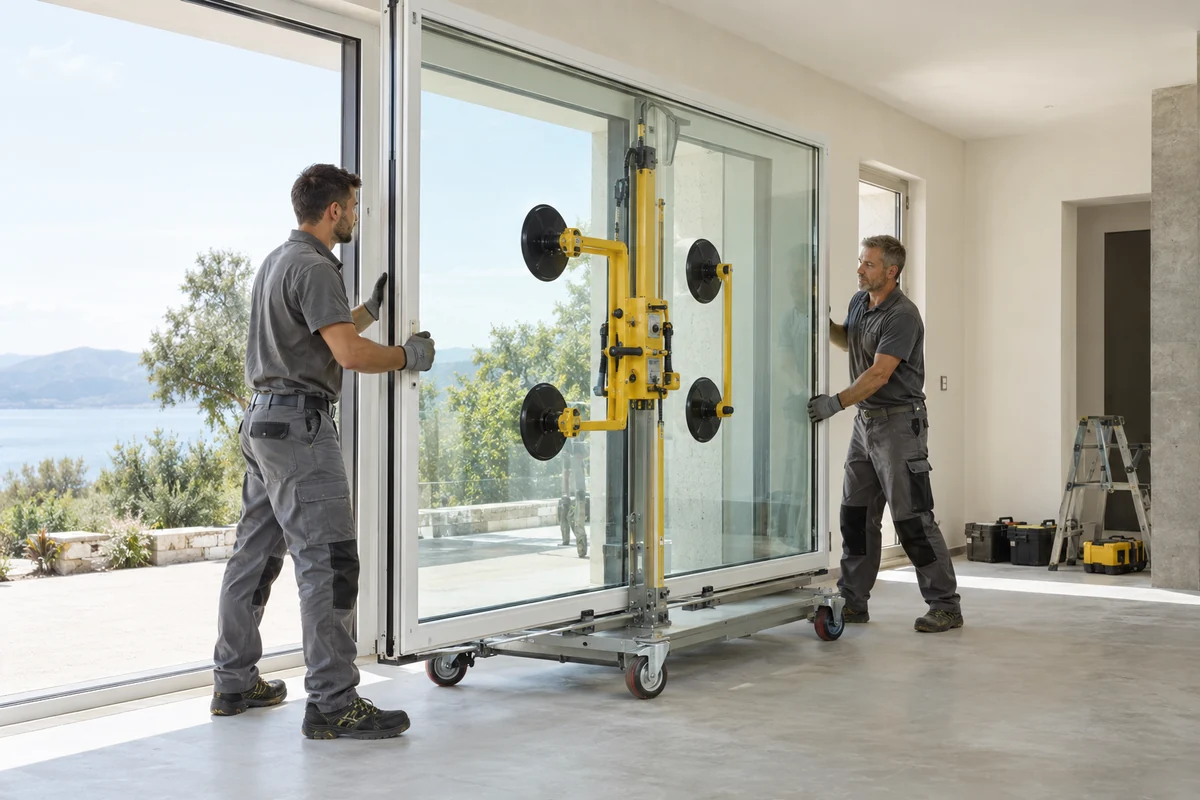 Dos instaladores con un equipo de elevación para manejar una ventana de gran formato.
