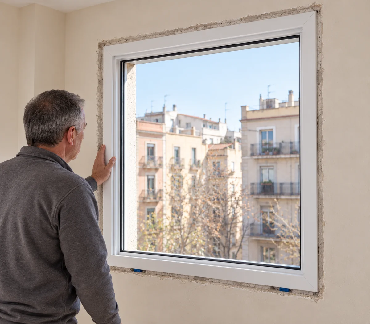 Marco de PVC blanco sin hojas, presentado junto al plano interior de la pared y apoyado sobre calzos pequeños.