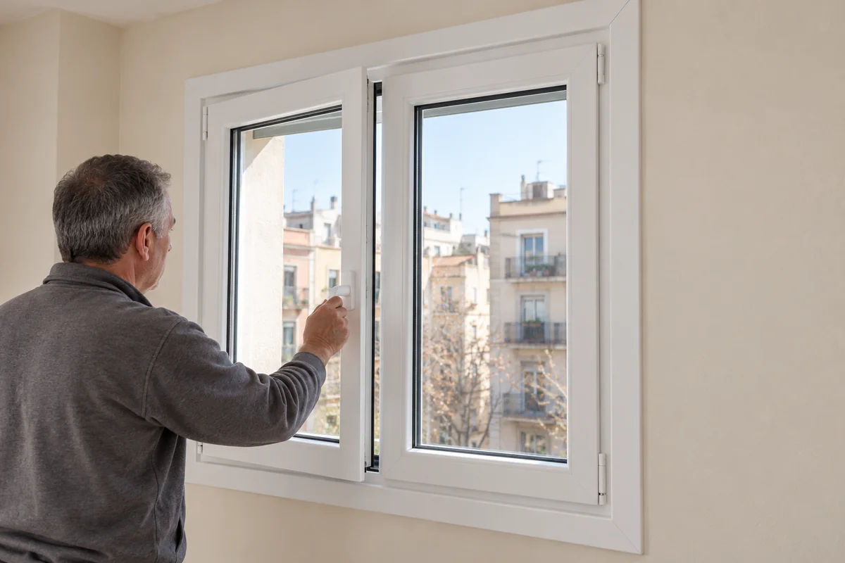 Comprobación de apertura de una ventana de dos hojas con una manilla y tapajuntas interior solapado sobre la pared.