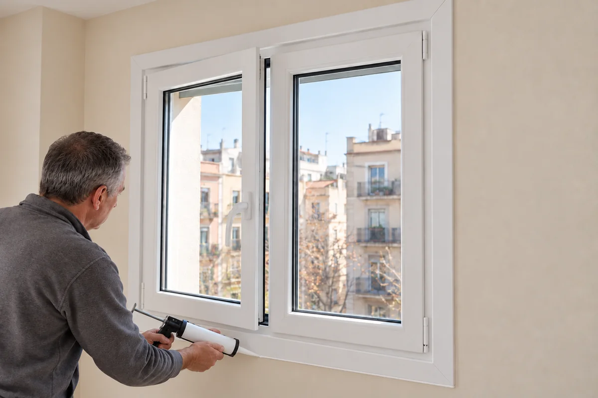Aplicación de silicona entre la tapeta interior y la pared, con las dos hojas de PVC ya montadas.
